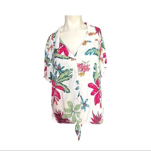 Japna Hawaiian Blouse Tie Waist White Pink Tropical Floral Short Sleeve Women S - Picture 1 of 8
